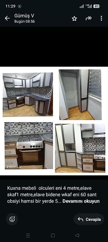 Ev və bağ: Kuxna mebeli olculeri eni 4 metre,elave skaf1 metre,elave bidene wkaf — 1