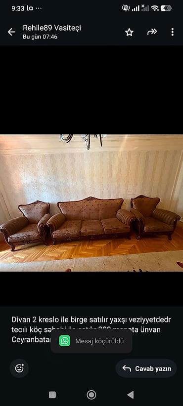 rəhil: Divan 2 kreslo ile birge satılır yaxşı veziyyetdedr tecılı köç səbəbi — 1
