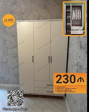 fabrik mebel: 3 qapılı dolab - Ölçülər: dərinlik 47 sm, hündürlük 200 sm, uzunluq — 1