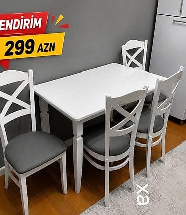 islenmis stol stullar: Ağ rəngli yemək dəsti – 1 masa + 4 stul. - Dördkünc masa, hamar parlaq — 1