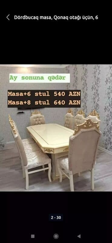 ders masaları: Qonaq otağı üçün, Yeni, Açılmayan, Dördbucaq masa, 6 stul — 7