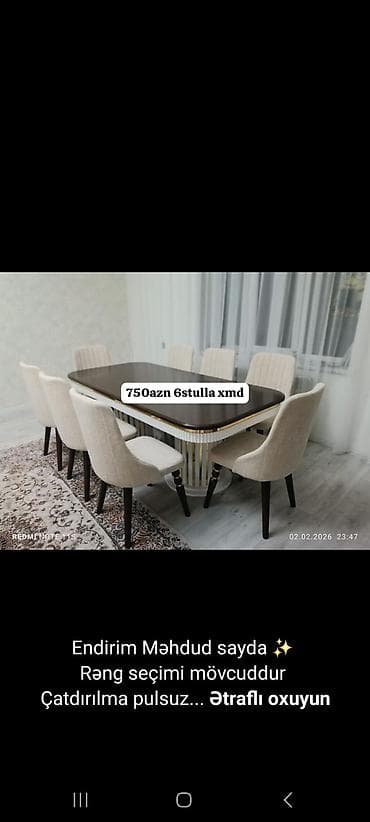 Açılmayan, Dördbucaq masa, 6 stul