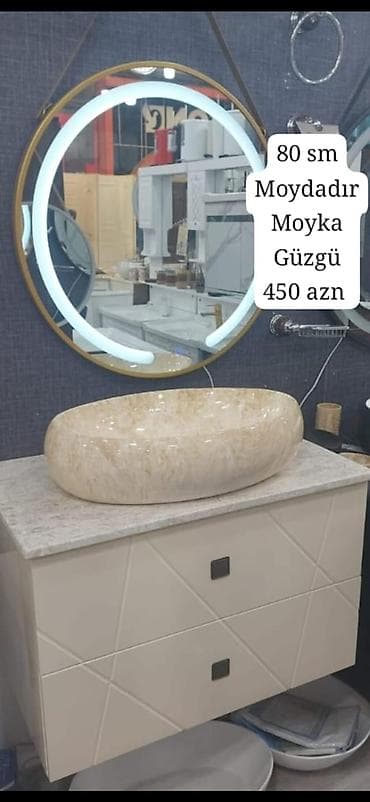 mərmər masa: 80 sm vanna otağı dəsti – moydadır, əl yuma qabı və işıqlı dairəvi — 1