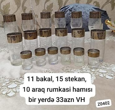 Qızılı haşiyəli şüşə qədəh və stəkan dəsti - Ümumi say: 36 ədəd -