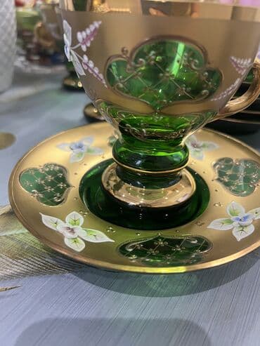 çay serviz: Çay dəsti, rəng - Yaşıl, Bohemia, 6 nəfərlik, Çexiya — 7