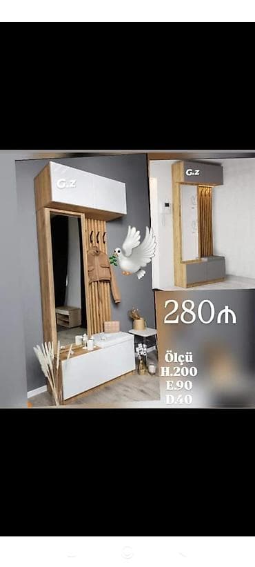 Dəbli dəhliz üçün asılqanlı dolab və güzgülü kompozisiya - Rəng: ağ +