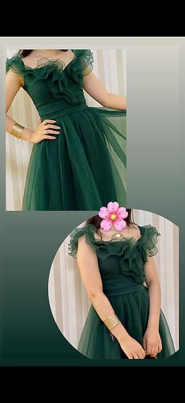 Zümrüd-yaşıl rəngdə zərif ziyafət/libas - Model: A-kəsim, beldən — 1