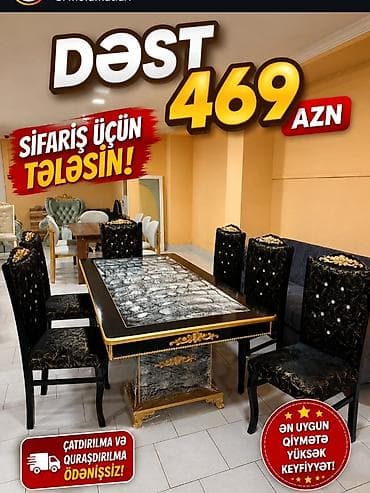 kafe stolu: Yemək otağı dəsti Tərkib: - 1 masa – qara-qızılı çərçivə, mərmər — 1