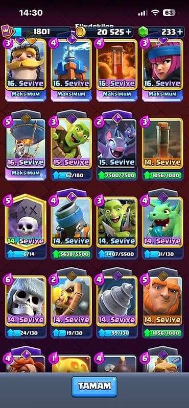 Clash Royale hesabı. Hesabın görünən əsas göstəriciləri: - Kral — 3