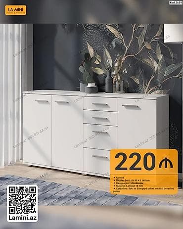 taxta komod: Ağ rəngli, minimalist üslubda komod. Ölçüləri: 40 × 80 × 160 sm — 1