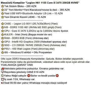 16 ram: Masaüstü Kompüter "Legion H61 1155 Core i5 3470 256GB NVME” ⭐Tək — 3
