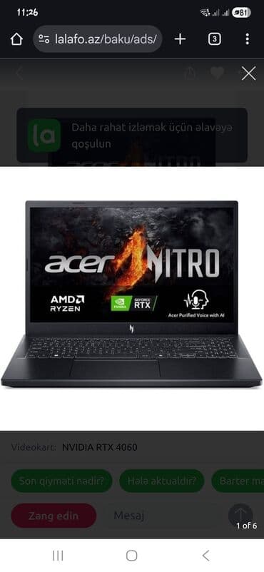 Acer Nitro oyun noutbuku - Prosessor: AMD Ryzen (Nitro seriyası) -