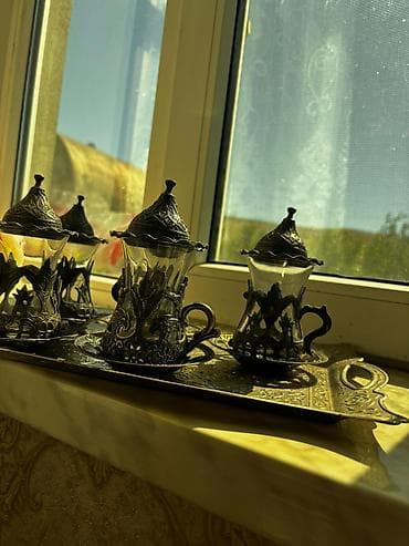 cay: Çay dəsti, rəng - Qızılı, Metal, 6 nəfərlik, Türkiyə — 1