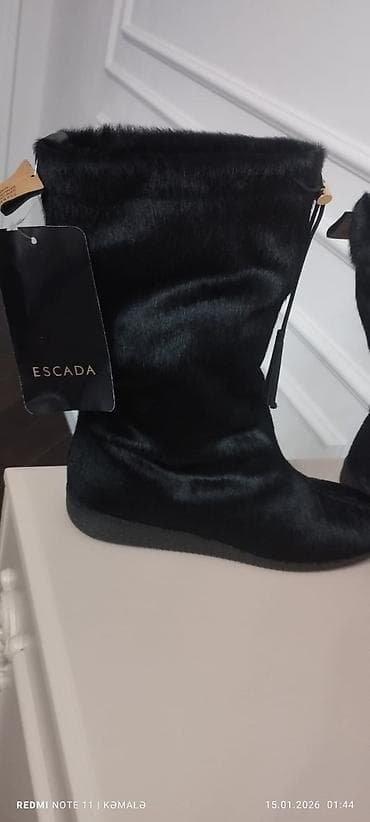 qadın çəkmələri: Qadın qış çəkməsi – qara rəng - Material: tüklü (saçaqlı effektli) üst — 5