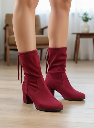 Qadın çəkmələri – bordovı rəng - Model: dizdən aşağı, yumşaq üst