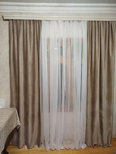 Qızılı-bej rəngli qalın pərdə və ağ tull şəffaf tül kombini - Dəst: 2 — 2