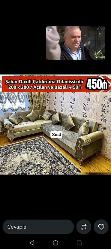 divan krislo: Künc divan dəsti - Ölçü: 200 x 280 sm - Açılan və bazalı model (yataq — 1