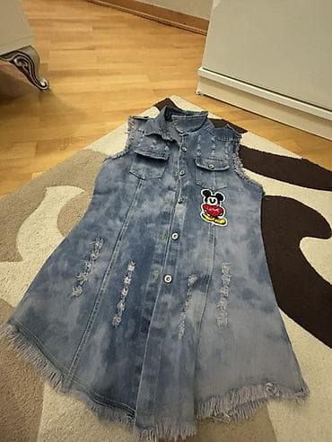 şort: Cins uzun jilet/kofta - Material: açıq mavi yuyulmuş denim - Model — 2