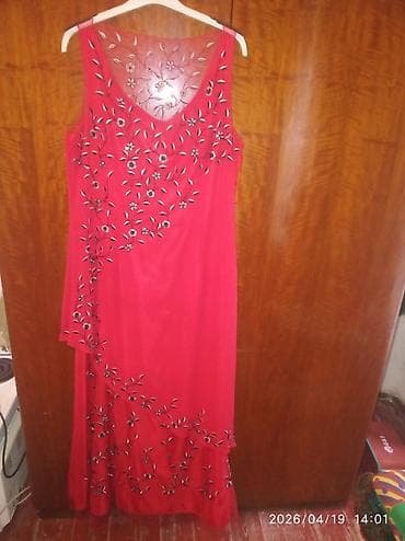 Женская одежда: Qırmızı rəngli uzun ziyafət donu və şərf dəsti - Rəng: parlaq qırmızı — 2