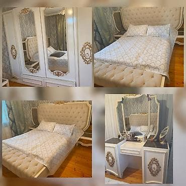 Двуспальная кровать, Трюмо, Тумба, Шкаф, Б/у — 1