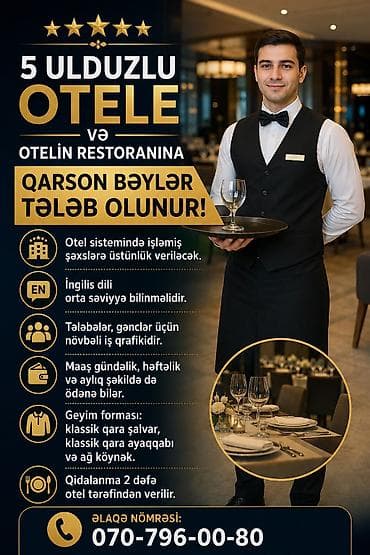 Ofisiant tələb olunur, Restoran, Aylıq ödəniş, 18-29 yaş, 1-2 illik təcrübə