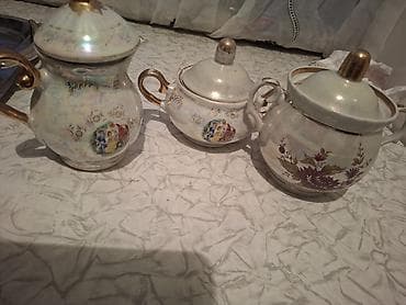 Porselen dekorativ dəst – 3 ədəd qapaqlı qab - Material: parıltılı