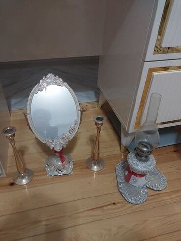 Sandıqlar: Retro dekor dəsti - Oval masa güzgüsü: İncə oyma naxışlı, gümüşü — 1