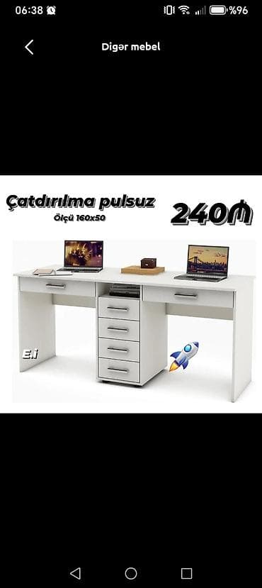 pismenniy stol: İki iş sahəsi olan yazı/kompüter masası - Rəng: ağ - Ölçü: 160 × 50 — 1