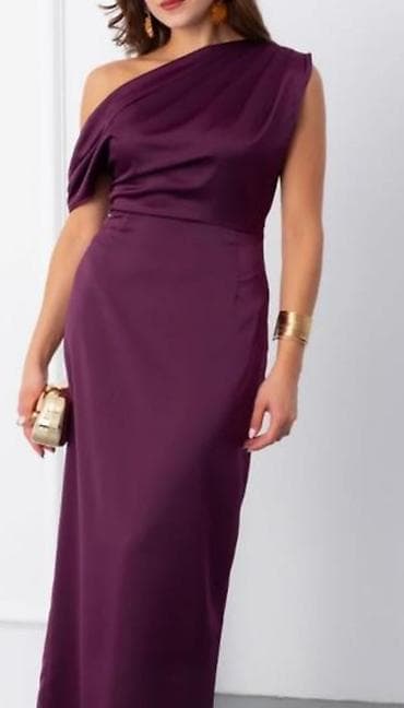 Bənövşəyi rəngli, asimmetrik birqollu ziyafət geyimi. Yuxarı hissədə