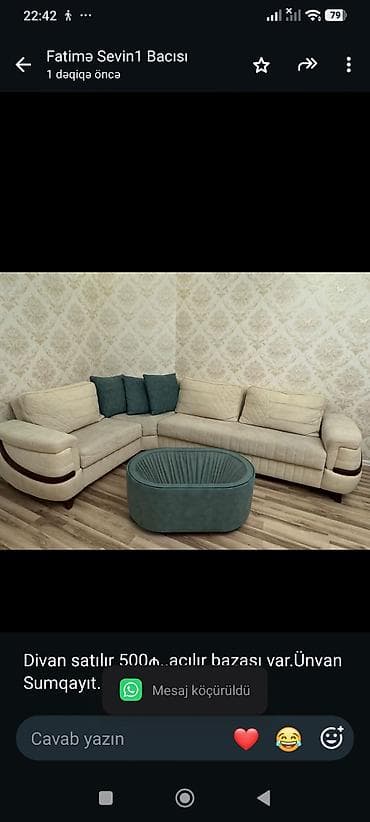 divan satisi: Divan satılır 500₼. açılır bazası var.Ünvan Sumqayıt. 9694. Fatimə99 — 1