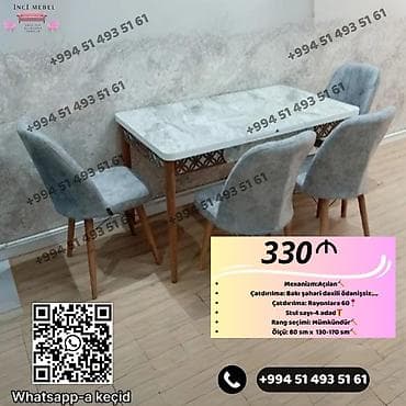 Mətbəx üçün, Yeni, Açılan, Dördbucaq masa, 4 stul