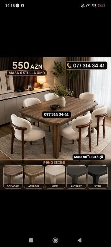 parket topdan satis: Masa + 6 stul dəsti - Ölçü: masa 90 × 160 sm - Komplekt: 1 ədəd yemək — 1