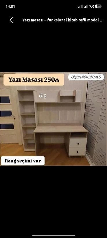 Yazı masası – funksional kitab rəfli model - Ölçü: 140×150×45 sm