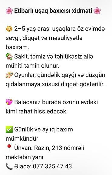 daye axtaranlar: Etibarlı uşaq baxıcısı xidməti - 2–5 yaş arası uşaqlara ev şəraitində — 1