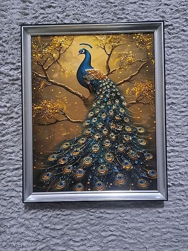 bantik sekilleri: Paun rəsmi – çərçivəli dekorativ tablo - Mövzu: Qızılı-payız fonunda — 1