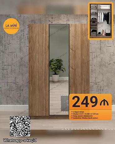 3 qapılı dolab - Ölçülər: Dərinlik 47 sm × Hündürlük 200 sm × Uzunluq