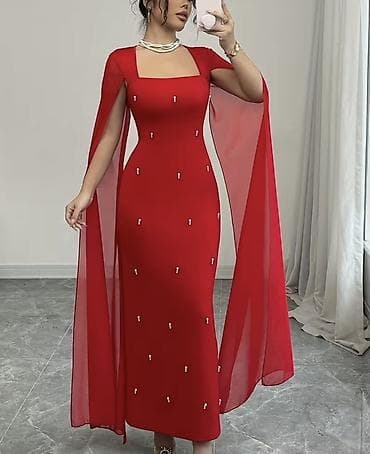 vecer donlari: Qırmızı qolsuz-kaftan detallı ziyafət donu - Rəng: parlaq qırmızı - — 3