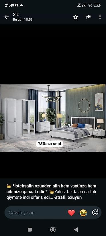 Müasir dizaynlı yataq otağı dəsti Komplektin tərkibi: - 3 qapılı