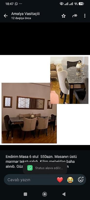 Mebel: Endirim Masa 6 stul 550azn. Masanın üstü mərmər teksturalıdı. Kilim — 1
