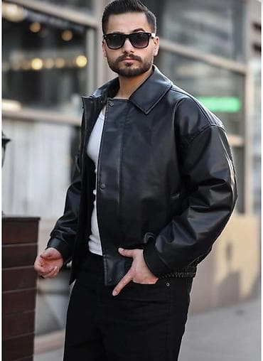 is geyimi: Kişi üçün qara dəri görünümlü qısa model gödəkçə - Material: parlaq — 3