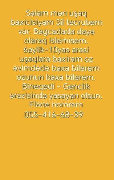 Uşaq baxıcısı xidməti - 3 illik təcrübə - Bağçada dayə kimi iş lalafo.az -da Uşaq baxıcısı xidməti - 3 illik təcrübə - Bağçada dayə kimi iş