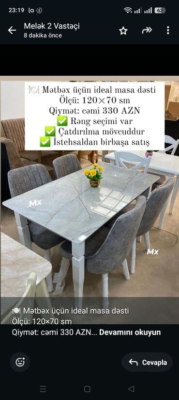 🍽️ Mətbəx üçün ideal masa dəsti Ölçü: 120×70 sm Qiymət: cəmi 330 AZN