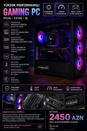 🎮 Güclü Gaming PC | Ryzen 7 7800X3D | RX 6700 XT | 32GB DDR5 | 1TB SSD