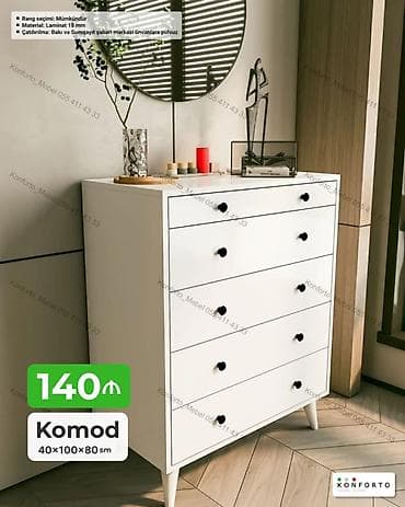 komodlar: Ağ rəngdə, minimalist dizaynlı komod: - Ölçü: 40×100×80 sm - Material — 1