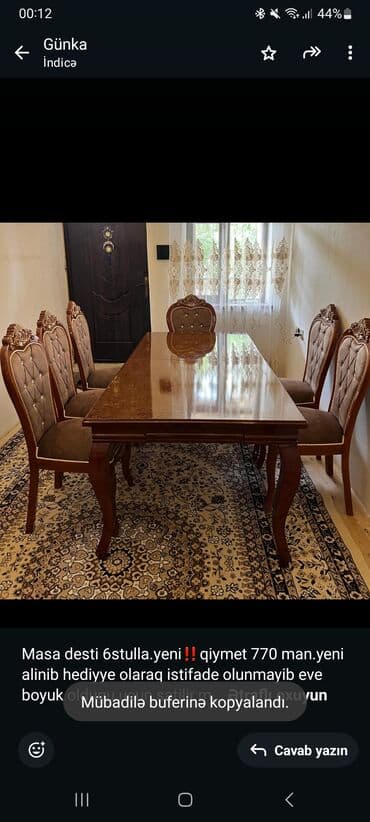 taxta alisi: Qonaq otağı üçün, Açılmayan, Dördbucaq masa, 6 stul — 1