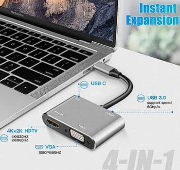 macbook adapter: USB C Hub 4 in 1 Type C 3.0 Adapter to 4K HDMI HDTV VGA USB 3.0 PD — 3