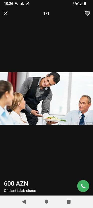 официант работа для студентов: Ofisiant tələb olunur, Restoran, Aylıq ödəniş, İstənilən yaş — 1