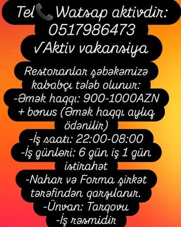 работа баку без опыта: Tel📞:0517986473 Ətraflı məlumat üçün ofisə yaxınlaşa bilərsiz.Həftənin — 10
