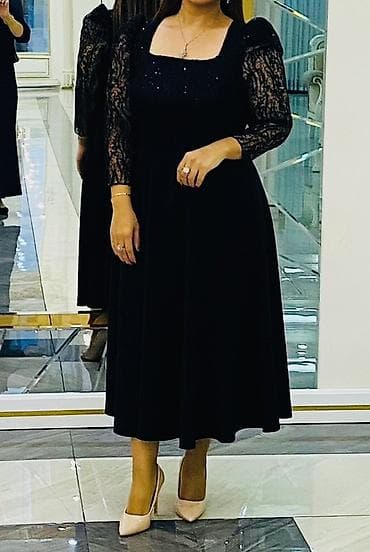 ziyafet donlari: Qara ziyafət paltarı - Rəng: saf qara - Model: midi uzunluq, A-kəsim — 1