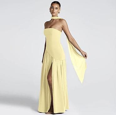 nike tech: Zərif sarı rəngdə uzun ziyafət donu - Model: çiyinbağı olmayan, boru — 2